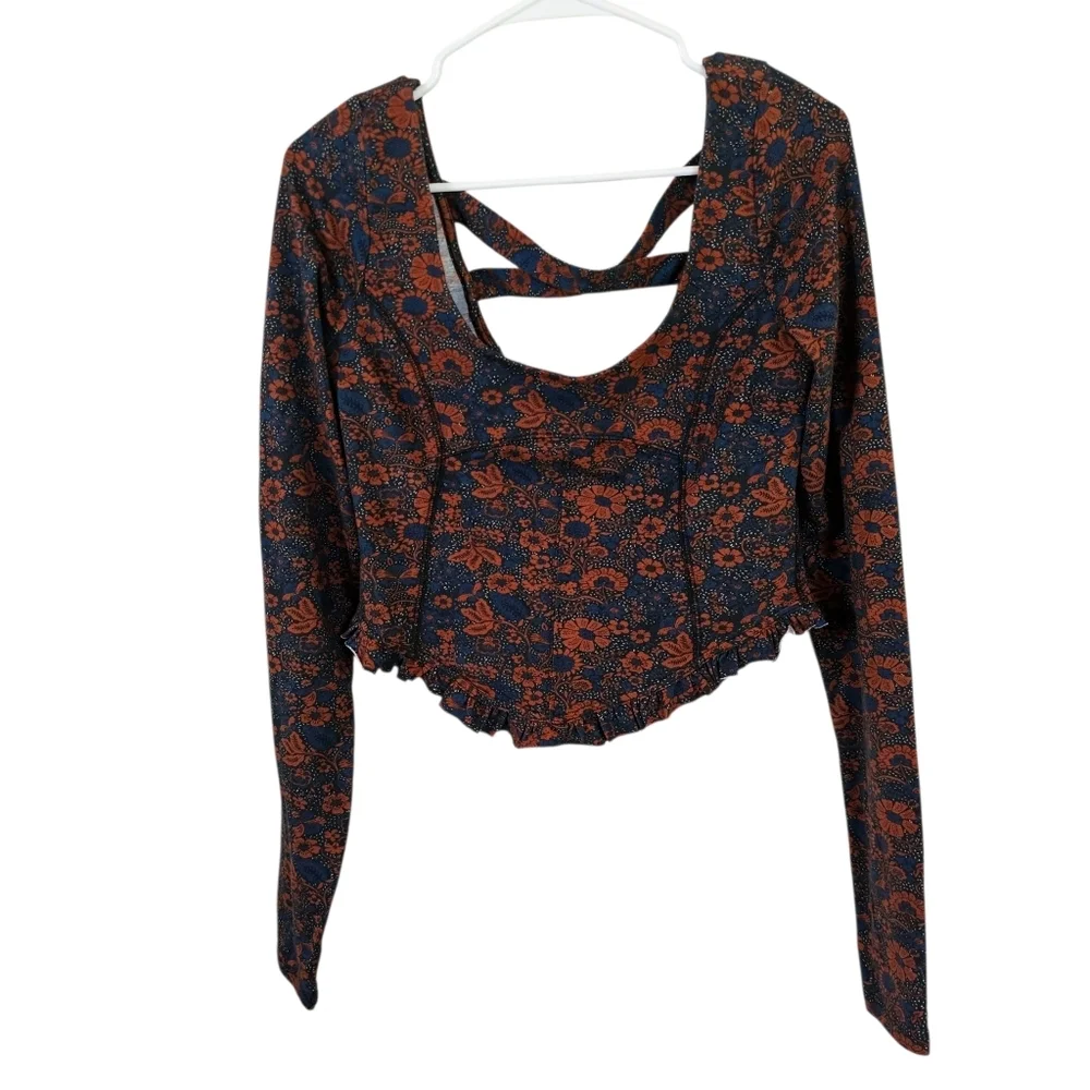 Free People Melanie Printed Riffle Long Sleeve Floral Scoop Neck Open Back Blous